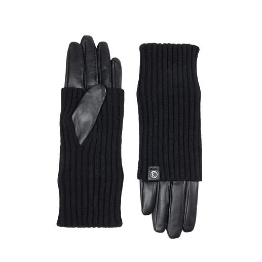 Schwarze Stulpen-Handschuhe mit Lederteilen