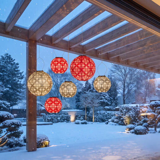 Fünf wetterfeste Lampions in Rot und Grau im Garten bei Schnee.