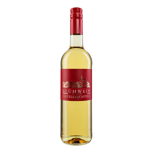 Flasche Castell Glühwein aus Weißwein mit rotem Etikett.
