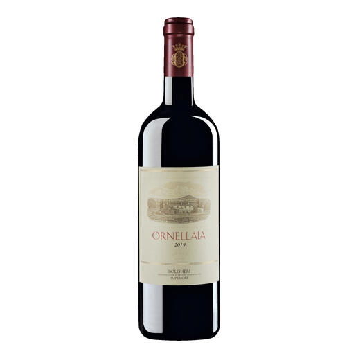 Flasche Rotwein Ornellaia 2019 mit einem eleganten Etikett.
