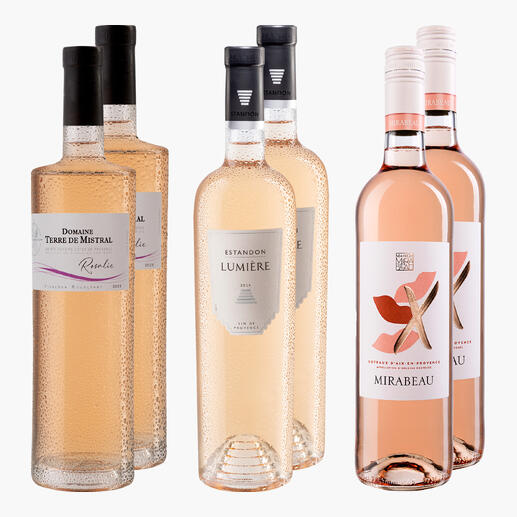 Provence Rosé-Set mit verschiedenen Roséweinen in Flaschen.