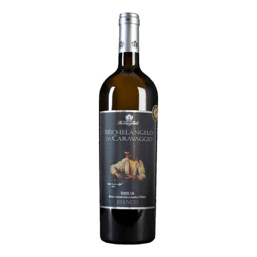 Flasche von Caravaggio Bianco 2023 mit schwarzem Etikett.