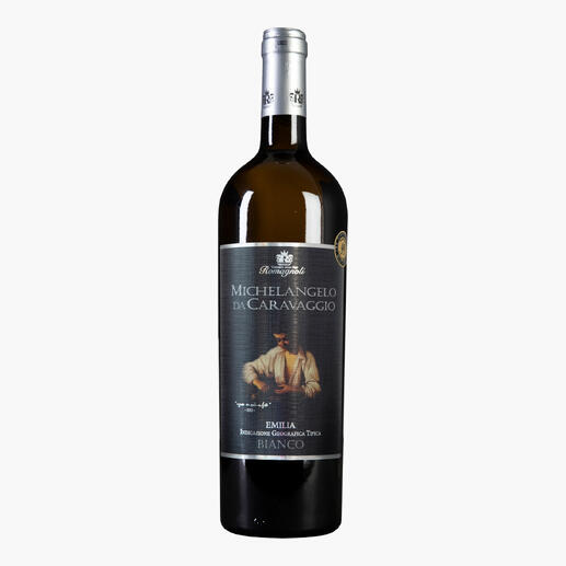 Flasche Caravaggio Bianco 2023 mit künstlerischem Etikett aus Italien.
