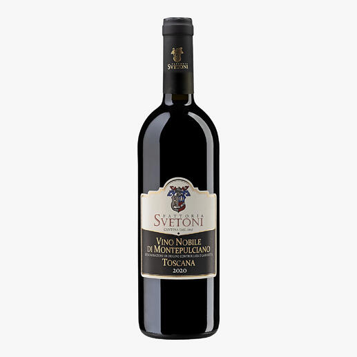 Vino Nobile di Montepulciano Svetoni 2020, Fattoria Svetoni, Toskana, Italien 
            „Die besten Nobile sind nachweislich die der Fattoria Svetoni, Chapeau.“ (Luca Maroni)*
            *Annuario dei Migliori Vini Italiani 2023 über den Jahrgang 2019
        