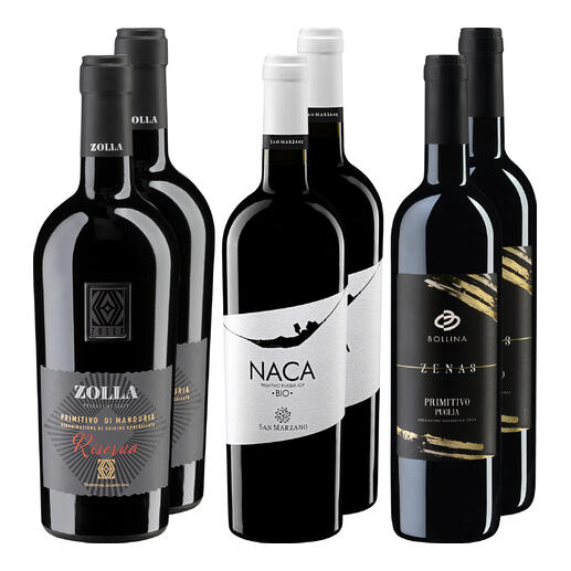 Vierset von Primitivo-Flaschen in unterschiedlichen Designs.