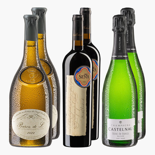 Weinpaket mit drei Flaschen Wein und drei Flaschen Champagner.