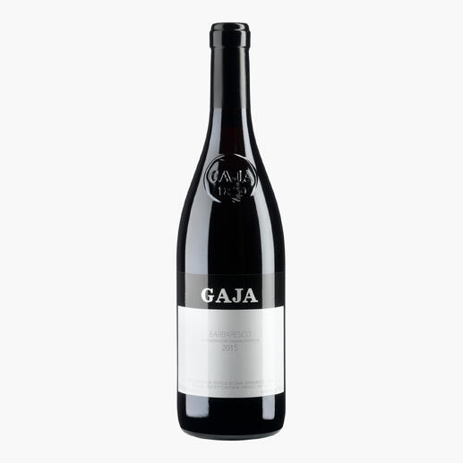 Flasche des Weins 'Gaja Barbaresco 2015' mit eleganter Etikettgestaltung.