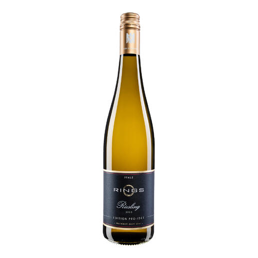 Flasche Riesling trocken EDITION PRO-IDEE 2023 in schlanker, blauer Gestaltung.