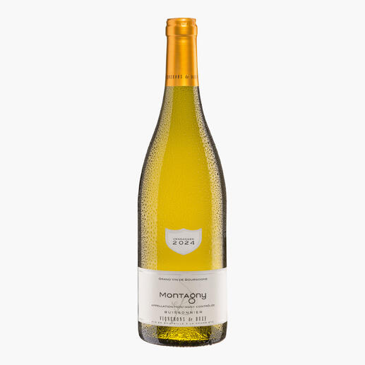 Flasche des Bourgogne Montagny, 2023 mit glänzendem Etikett.