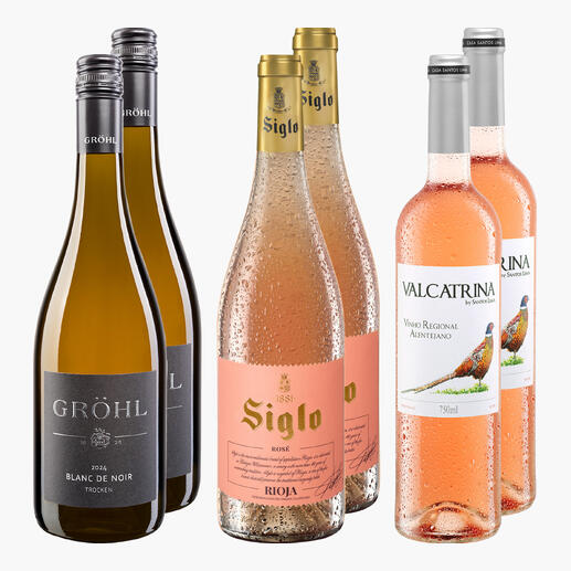 Vier Flaschen Roséwein und eine Flasche Weißwein stehen elegant nebeneinander.
