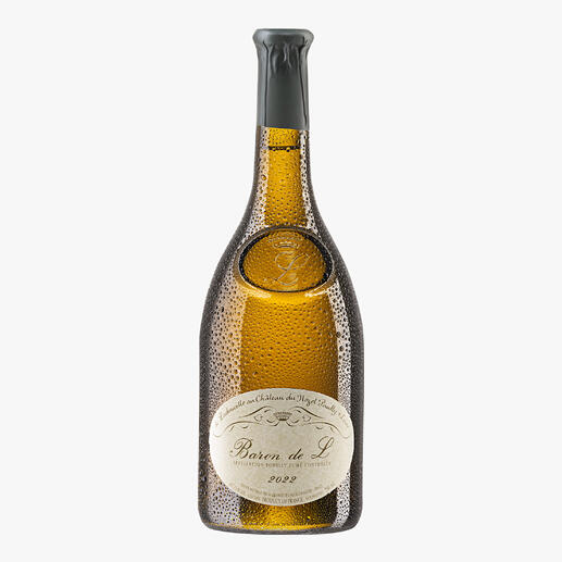 Flasche Baron de L mit stilvollem Design und feuchter Oberfläche.