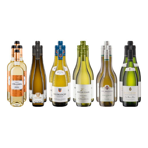 Acht Flaschen Weißwein der kleinen Sammmlung für den Hochsommer.
