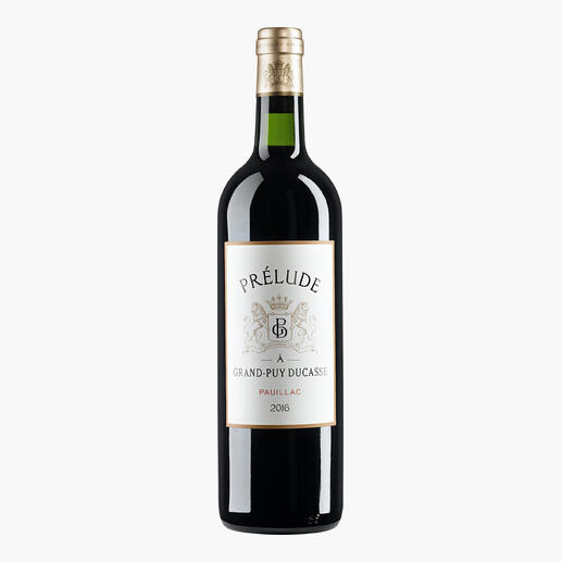 Rotwein Prelude Ducasse 2016 in eleganter Flasche mit weißem Etikett.