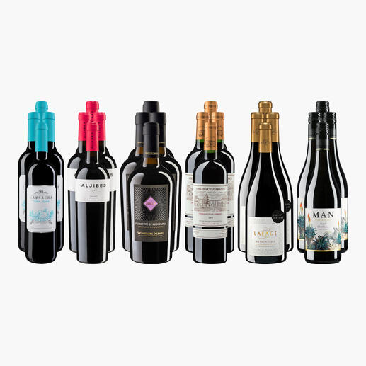 Vierundzwanzig Flaschen Rotwein in verschiedenen Designs und Etiketten, auf hellem Hintergrund angeordnet.