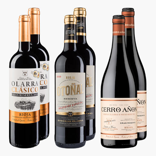 Set mit sechs Rioja-Weinflaschen, verschiedene Jahrgänge und Stile.
