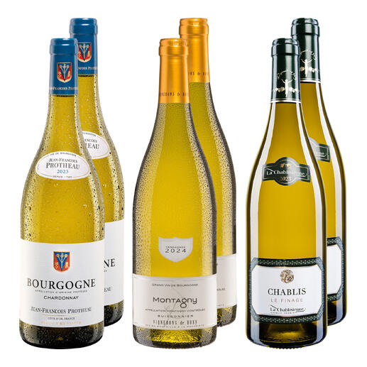 Sechs Flaschen Wein, darunter Chardonnay und Chablis, in einem Set