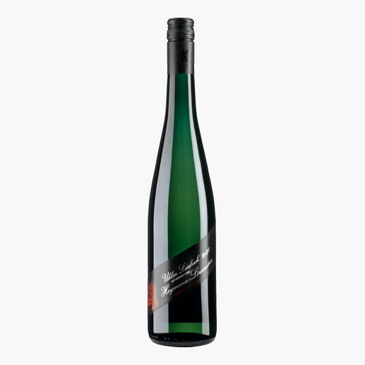 Flasche des Weins 'Uhlen Laubach GG 2021' mit auffälligem Etikett.