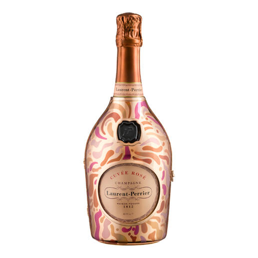 Flasche von 'Laurent Perrier Rosé' in dekorativem Flaschenkörper.