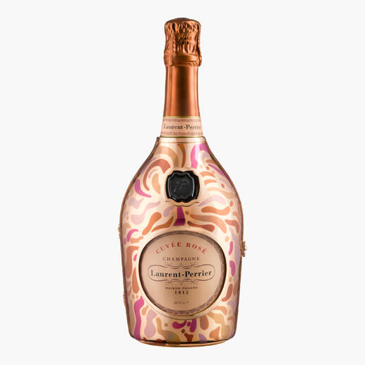 Flasche von 'Laurent Perrier Rosé' in dekorativem Flaschenkörper.