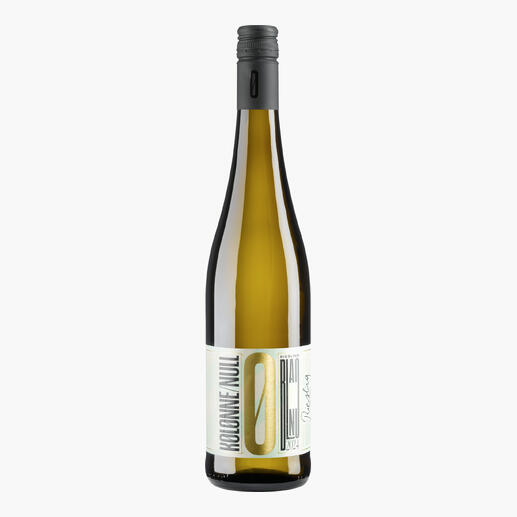 Weißweinflasche Kolonne 0 Riesling BIO mit modernem Etikett.
