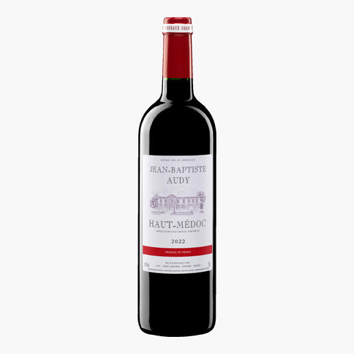 Flasche Audy Haut-Médoc 2022, klassisch mit sorgfältig gestaltetem Etikett.