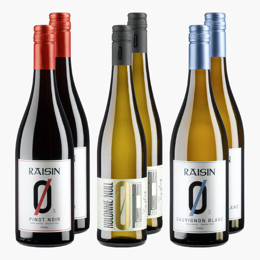 Sechs Flaschen reinsortige alkoholfreie Weine