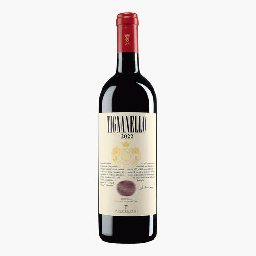 Tignanello 2022 in einer rotweinflasche mit rotem Korkverschluss.
