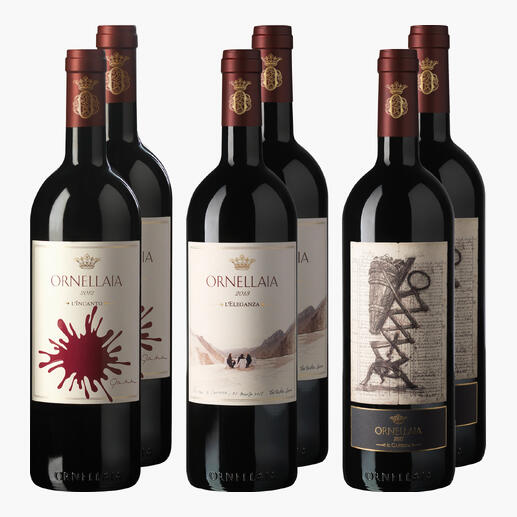 Ornellaia Artist Edition Paket mit verschiedenen Rotweinen auf weißem Hintergrund.