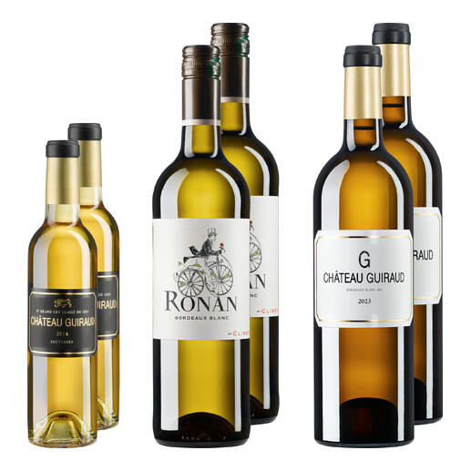 Drei Flaschen Bordeaux-Weißwein in unterschiedlichen Formaten auf weißem Hintergrund.