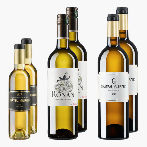 Drei Flaschen Bordeaux-Weißwein in unterschiedlichen Formaten auf weißem Hintergrund.