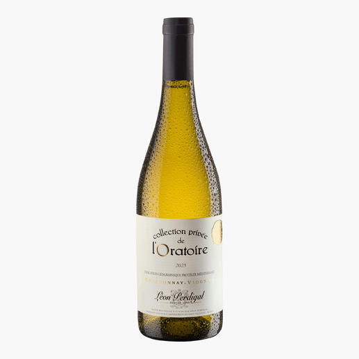 Flasche Weißwein 'Collection Privée Blanc 2025' aus der Rhône, Frankreich.