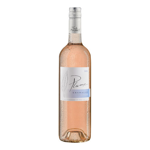 Flasche Plume Rosé Wein aus dem Languedoc, dekorativ mit Wasserblasen.