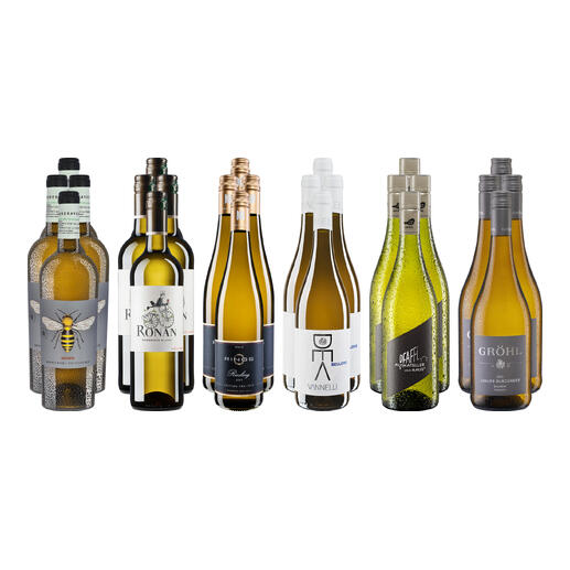 Sechs Flaschen der kleinen Weißwein-Sammlung für Sommer 2026.