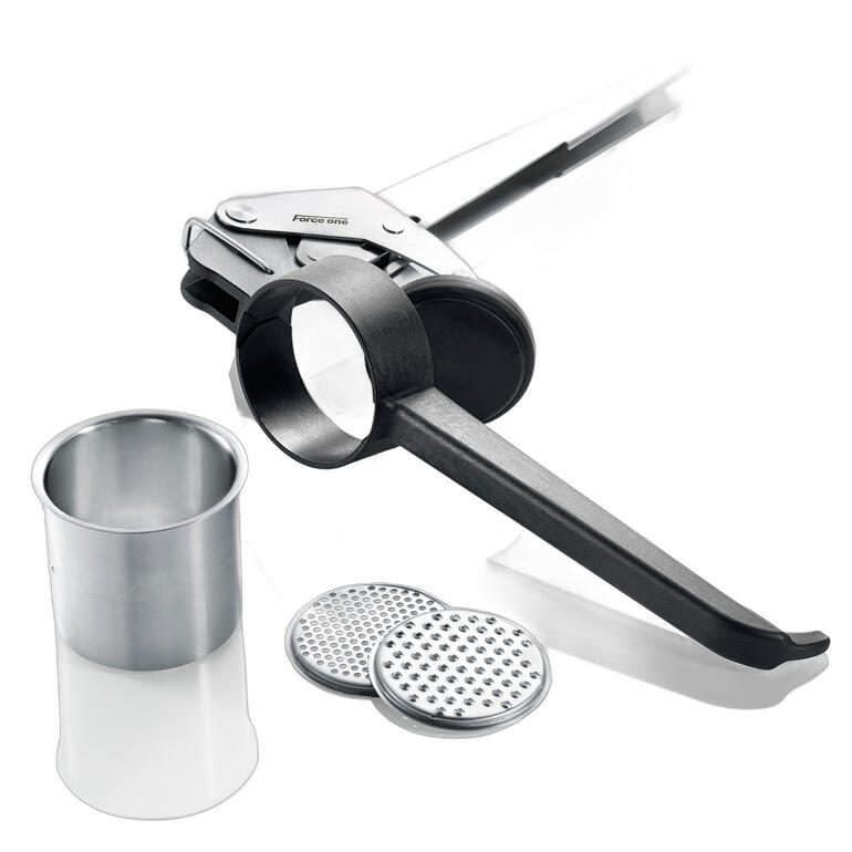 Profi-Kartoffelpresse Force One mit zwei Siebplatten in silber und schwarz.