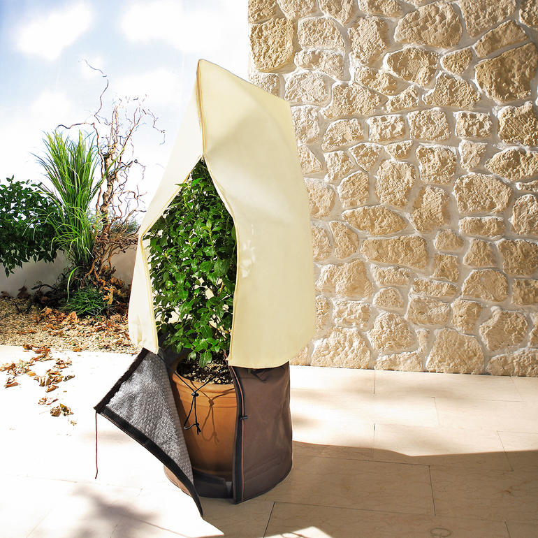 Ruck-zuck-Winterschutz für Pflanzen, beige Abdeckung über Topf.