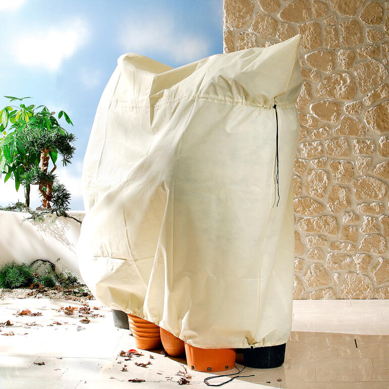 Schutzvorrichtung für Pflanzen aus beigem Material.