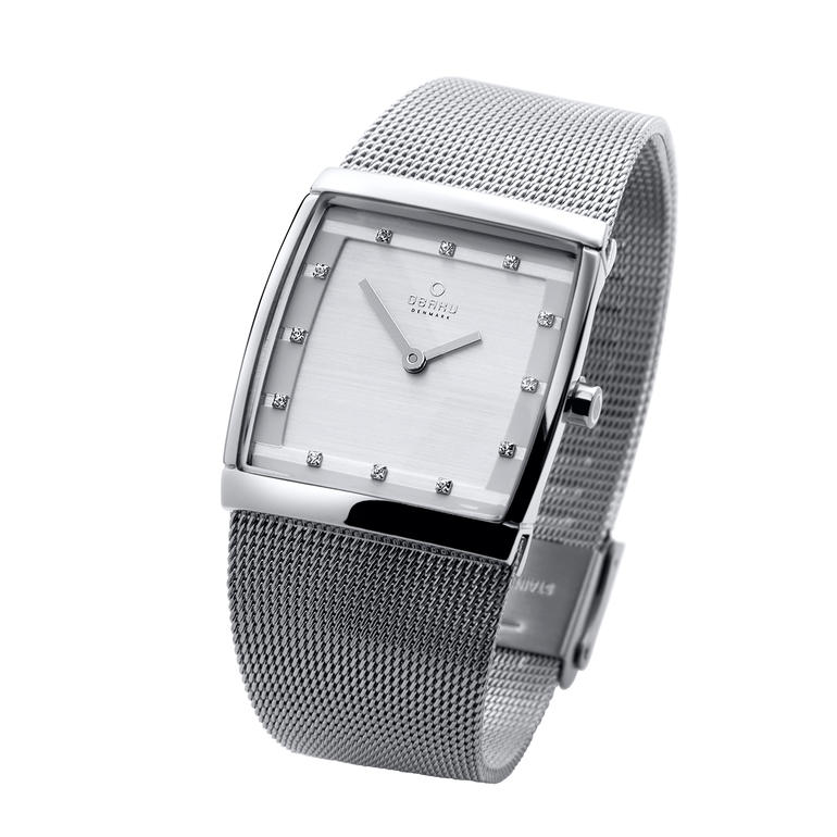 Obaku Karree-Herren- oder -Damenuhr aus Silbergeld mit Netzband.