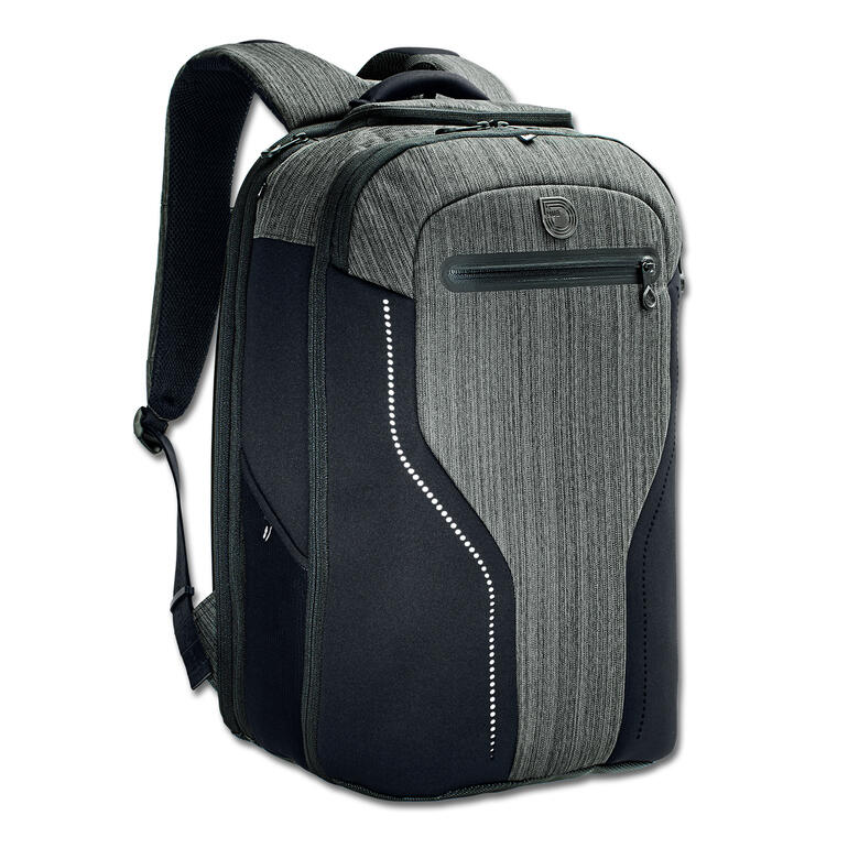 Schwarzer 3-in-1-Rucksack mit ergonomischen Gurten und mehreren Fächern.
