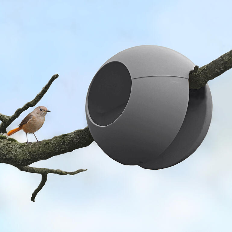 Anthrazitfarbendes Geländerfutterhaus für Vögel mit einem Vogel daneben.