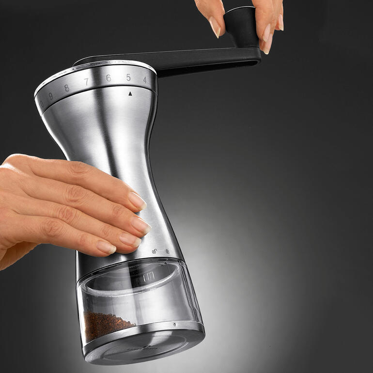 Hand-Kaffeemühle mit verstellbaren Stufen zur Kaffeemahlen.