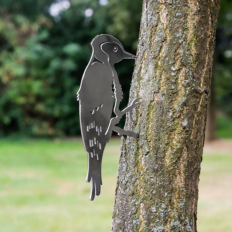 Specht Kontur-Tiermotiv Specht, metallische Silhouette auf einem Baum