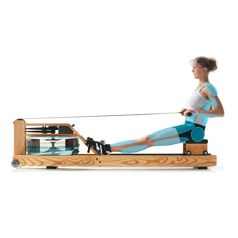 WaterRower Rudergerät Seitenansicht des WaterRower Rudergeräts mit Position der Benutzerin