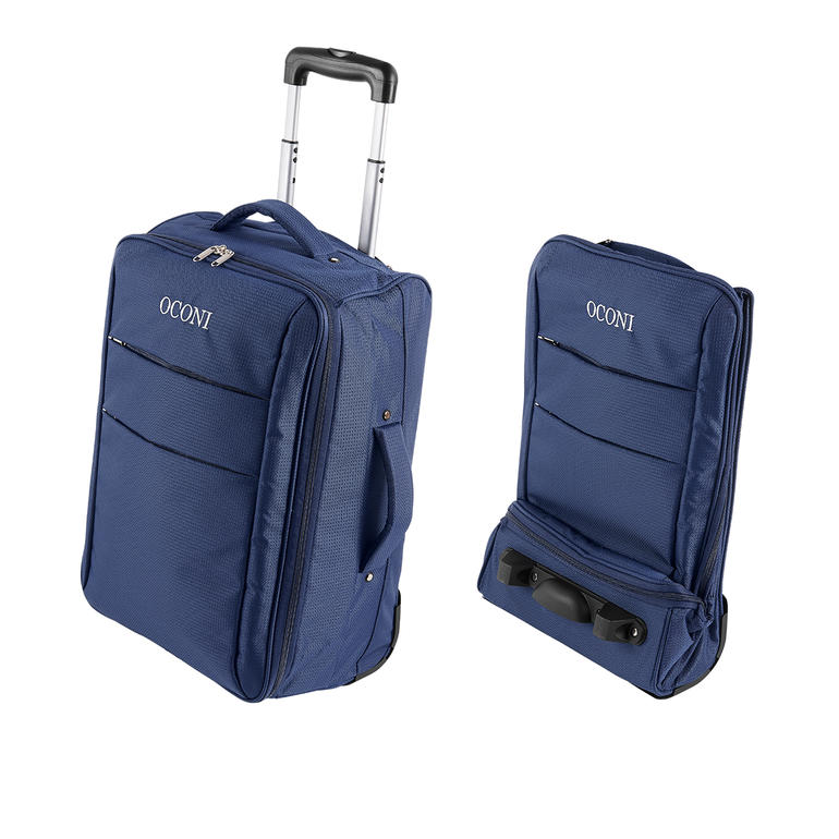 Zwei Ansichten des blauen OCONI Falt-Trolleys, geschlossen und geöffnet, mit mehreren Taschen.