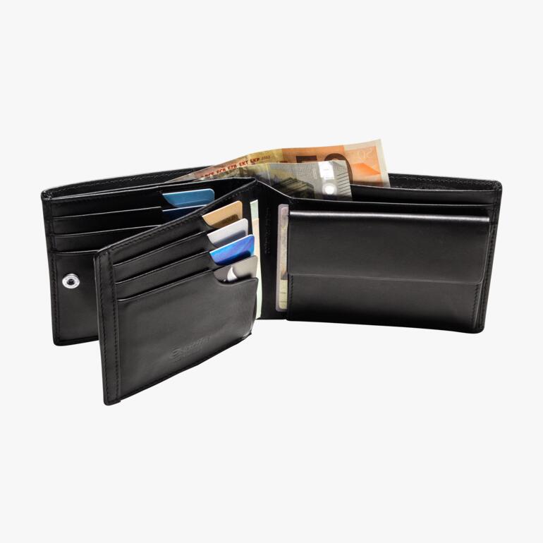 Sicherheits-Lederbörse mit RFID-Schutz, geöffnet mit Karten und Geldscheinen