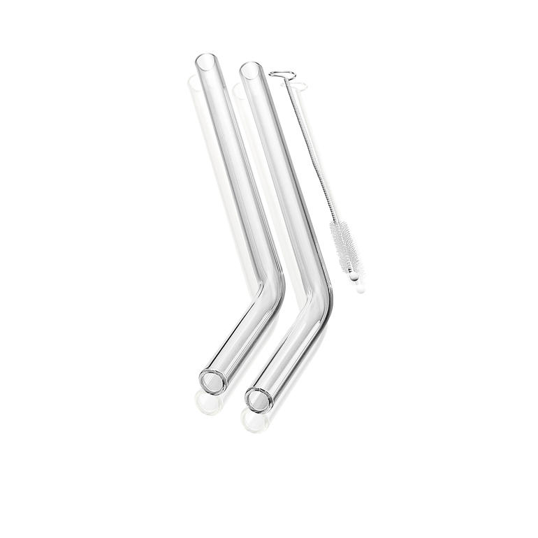 Set von 8 transparenten Glastrinkhalmen mit Bürste auf weißem Hintergrund.