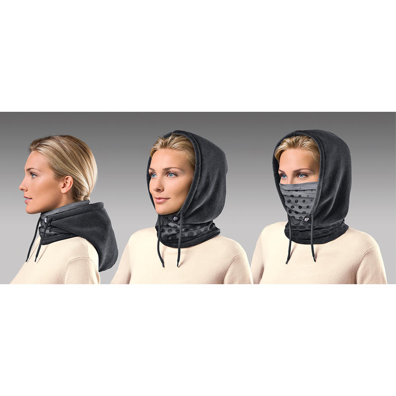 Einfach überstülpen und schon haben Sie einen behaglichen Schal. Bei Bedarf schützt die kuschelige Fleece-Kapuze Kopf und Ohren und mit hochgezogenem Microfaser-Einsatz sogar Mund und Nase. Buff® Polartec®-Hoodie, Modell gezeigt auf drei verschiedenen Ansichten.