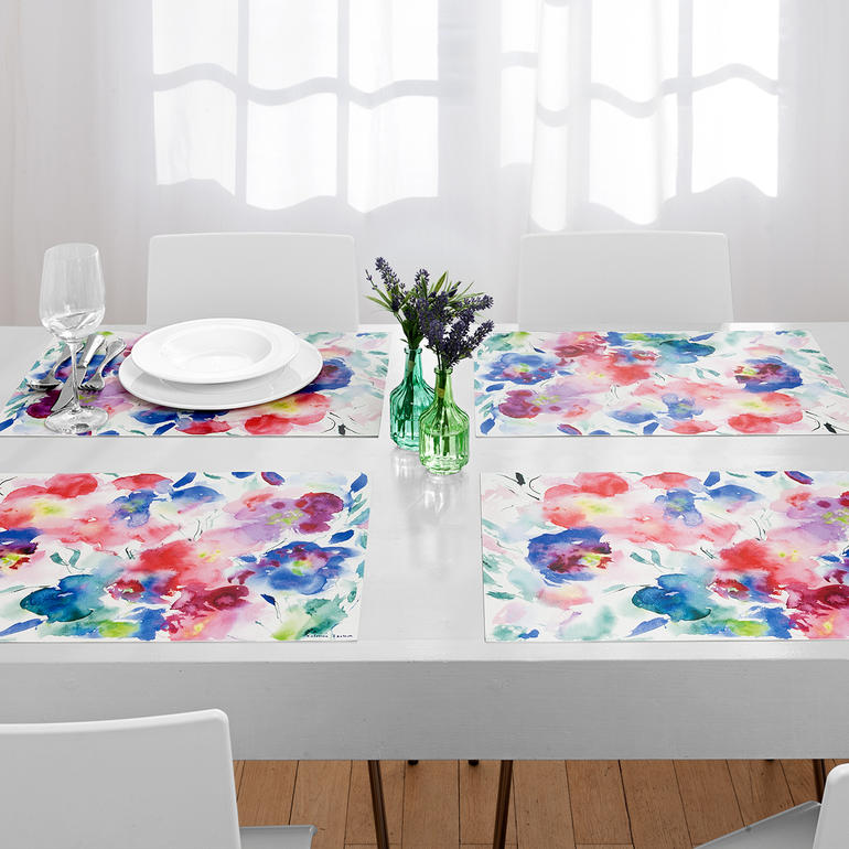 Aquarell-Tischsets, 6er-Set Sechs Aquarell-Tischsets auf einem Tisch mit Blumenmuster