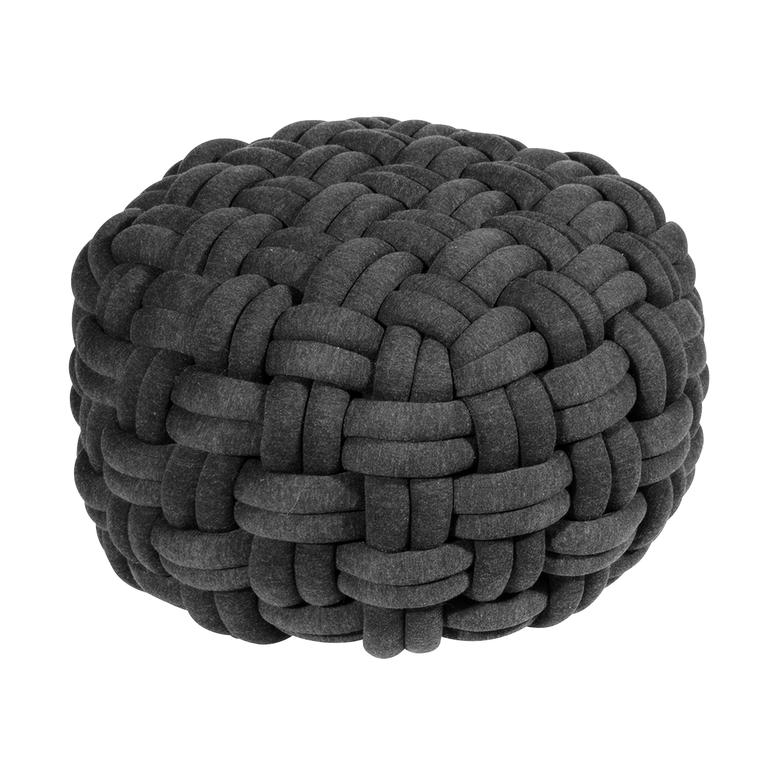 Dunkelgrauer geflochtener Pouf auf weißem Hintergrund.