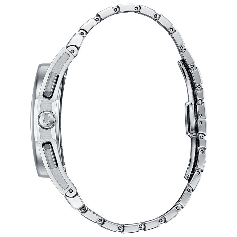 Aussergewöhnlich bequem: Durch das gewölbte Uhrwerk trägt sich die Bulova Curv besonders komfortabel am Handgelenk. Seitenansicht der Bulova Curv Uhr in Silber