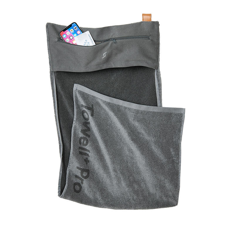 Magnet-Sporthandtuch in Grau mit versteckter Tasche für Smartphone.